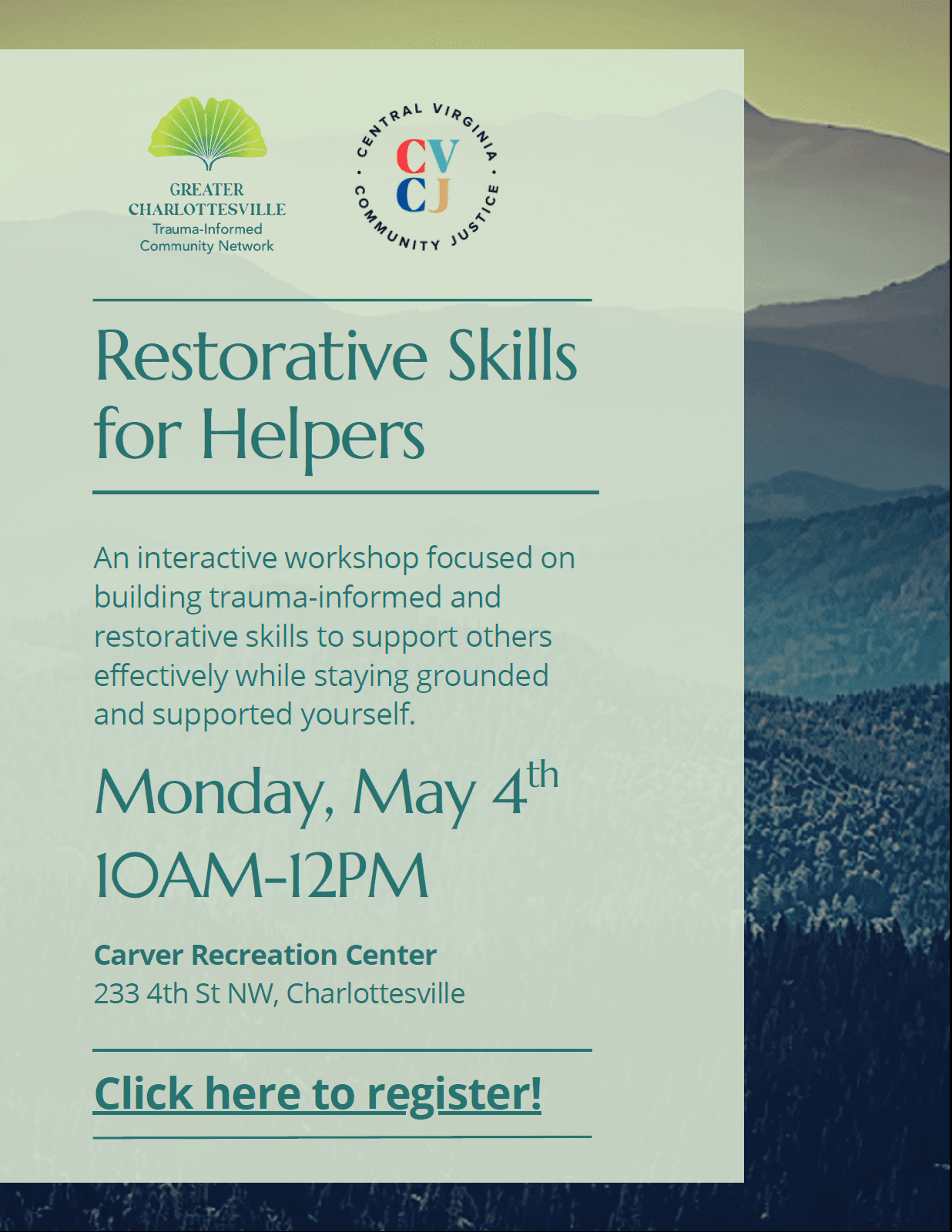 Restorative Skills for Helpers Monday May 4 10am-12pm Carver Recreation Center
